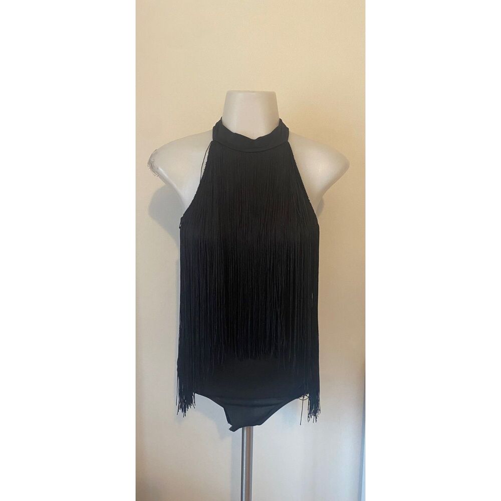 Shein Black Fringe Halter Bodysuit